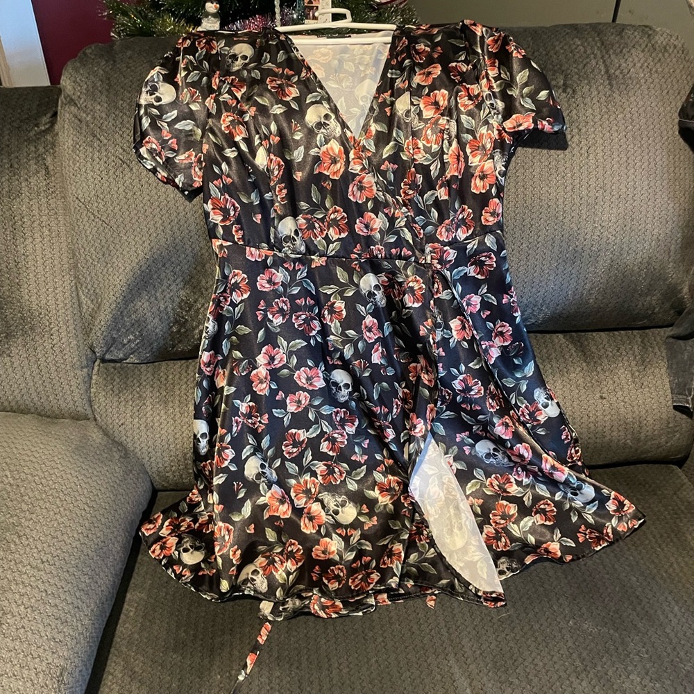 Skull wrap around Black and Red Floral Dress